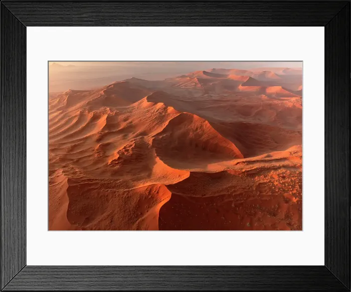 Framed Print : Aerial view of sprawling orange sand dunes at sunrise, Sossusvlei, Namib-Naukluft National Park, Namib Desert, Namibia