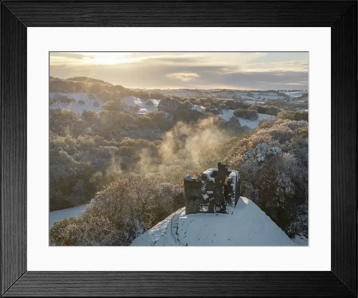 Framed Print : Aerial view of Okehampton Castle in the snow, Devon, England. Autumn (November) 2024 Framed Print : Aerial view of Okehampton Castle in the snow, Devon, England. Autumn (November) 2024