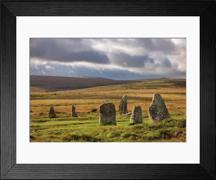 Framed Print : Bronze Age Standing Stones at Scorhill Stone Circle in Dartmoor National Park, Devon, England. Autumn (October) 2024