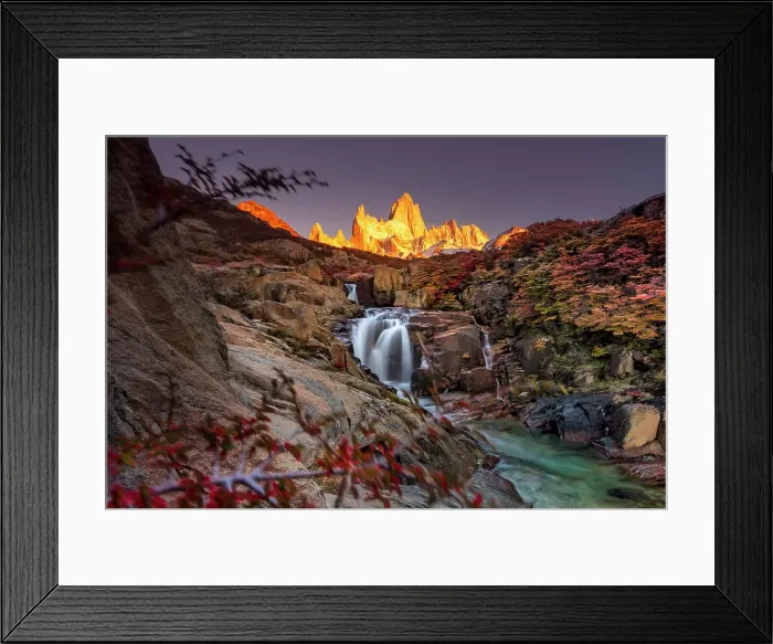 Framed Print : Fitzroy mountain and the Hidden waterfall at sunrise in the Los Glacieres National Park near El Chalten, Patagonia, Argentina Framed Print : Fitzroy mountain and the Hidden waterfall at sunrise in the Los Glacieres National Park near El Chalten, Patagonia, Argentina