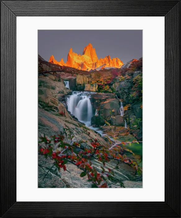 Framed Print : Fitzroy mountain and the Hidden waterfall at sunrise in the Los Glacieres National Park near El Chalten, Patagonia, Argentina Framed Print : Fitzroy mountain and the Hidden waterfall at sunrise in the Los Glacieres National Park near El Chalten, Patagonia, Argentina