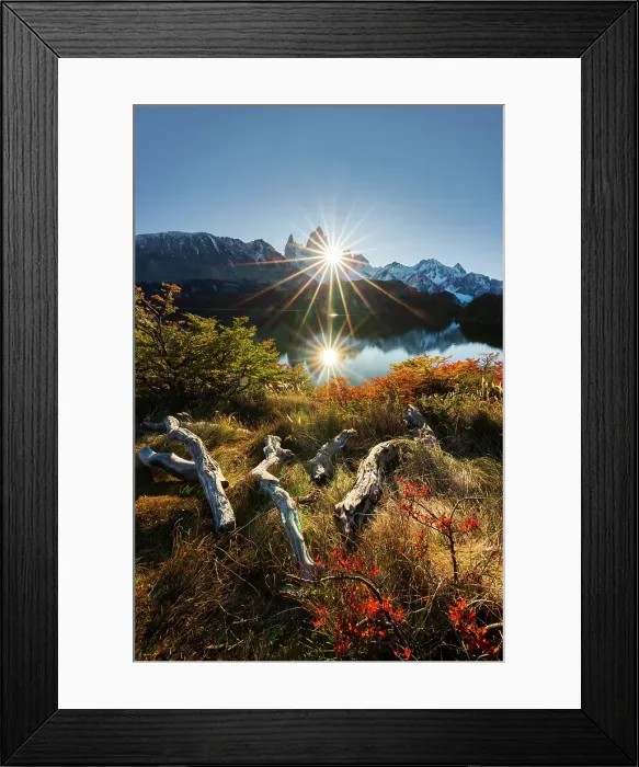 Framed Print : Fitzroy mountain at sunset reflectin in the Laguna Capri lake near El Chalten, Patagonia, Argentina Framed Print : Fitzroy mountain at sunset reflectin in the Laguna Capri lake near El Chalten, Patagonia, Argentina