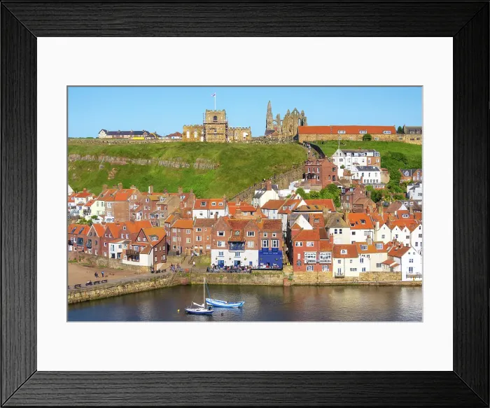 Framed Print : View towards Whitby Abbey and St Mary Church over River Esk, Whitby, North Yorkshire, England