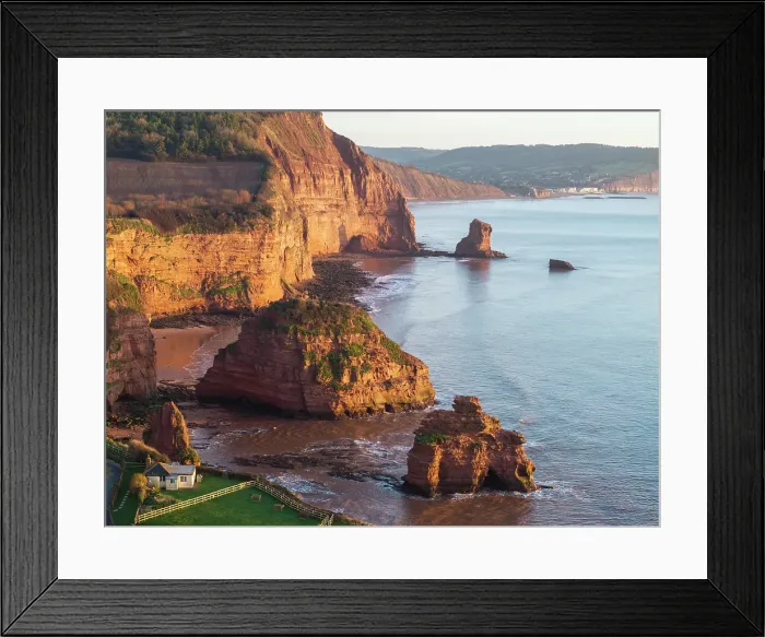 Framed Print : Aerial view of Ladram Bay on the East Devon coast, England. Winter (January) 2025