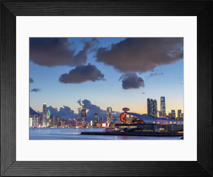 Framed Print : Skyline of Hong Kong Island and Kai Tak Cruise Terminal at dusk, Hong Kong Island, Hong Kong Framed Print : Skyline of Hong Kong Island and Kai Tak Cruise Terminal at dusk, Hong Kong Island, Hong Kong
