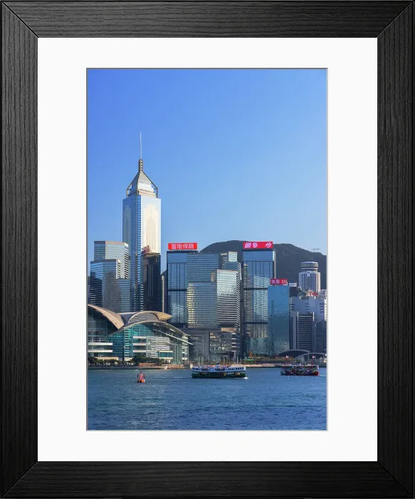 Framed Print : Star Ferries and skyline of Hong Kong Island, Wan Chai, Hong Kong Island, Hong Kong Framed Print : Star Ferries and skyline of Hong Kong Island, Wan Chai, Hong Kong Island, Hong Kong
