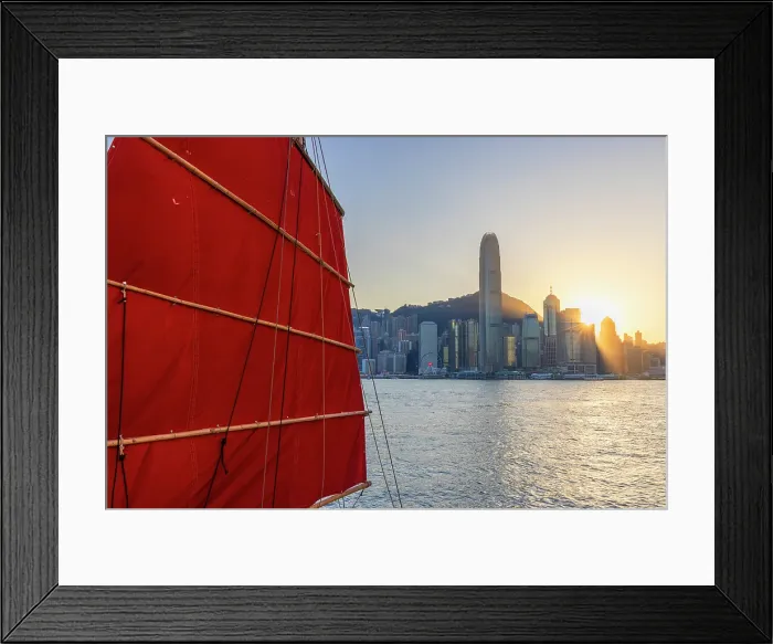 Framed Print : Junk boat and skyline of Hong Kong Island, Hong Kong Framed Print : Junk boat and skyline of Hong Kong Island, Hong Kong