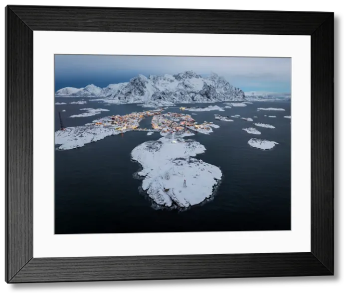 Framed Print : Aerial view of the fishing village of Henningsvaer, Lofoten islands, Norway
