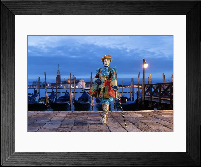Framed Print : A woman in a colourful costume stands in front of the lagoon during the Venice Carnival, Venice, Italy Framed Print : A woman in a colourful costume stands in front of the lagoon during the Venice Carnival, Venice, Italy