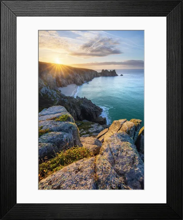 Framed Print : Logan Rock and Pedn Vounder beach at sunrise, St Levan, Treen, Penzance, Cornwall, England, UK