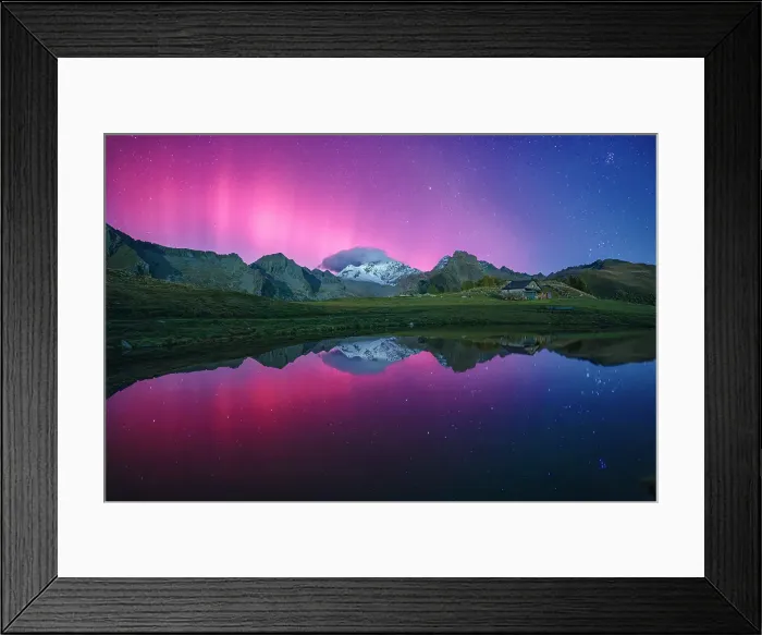 Framed Print : Snowy peak of Monte disgrazia lit by the multicolored sky with Northern Lights, Rhaetian Alps, Valtellina, Lombardy, Italy Framed Print : Snowy peak of Monte disgrazia lit by the multicolored sky with Northern Lights, Rhaetian Alps, Valtellina, Lombardy, Italy
