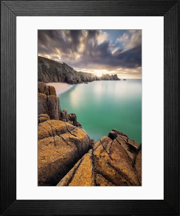 Framed Print : Logan Rock and Pedn Vounder beach at sunrise, St Levan, Treen, Penzance, Cornwall, England, UK Framed Print : Logan Rock and Pedn Vounder beach at sunrise, St Levan, Treen, Penzance, Cornwall, England, UK