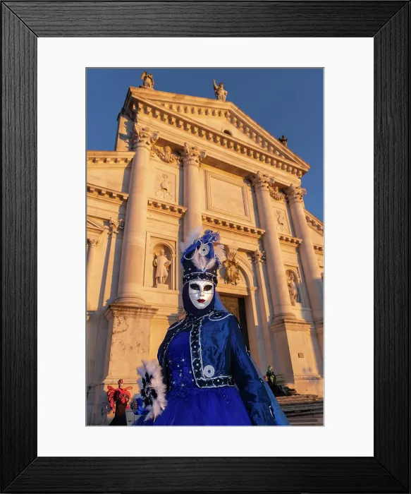 Framed Print : A woman in a blue costume stands in front of San Giorgio Maggiore during the Vencie Carnival, Venice, Italy Framed Print : A woman in a blue costume stands in front of San Giorgio Maggiore during the Vencie Carnival, Venice, Italy
