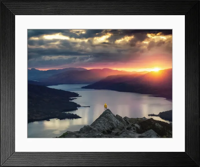 Framed Print : Aerial view of a tourist a t Ben A'an summit during summer with the view of Loch Katrine, Trossach, Stirling, Scotland, United Kingdom (MR)