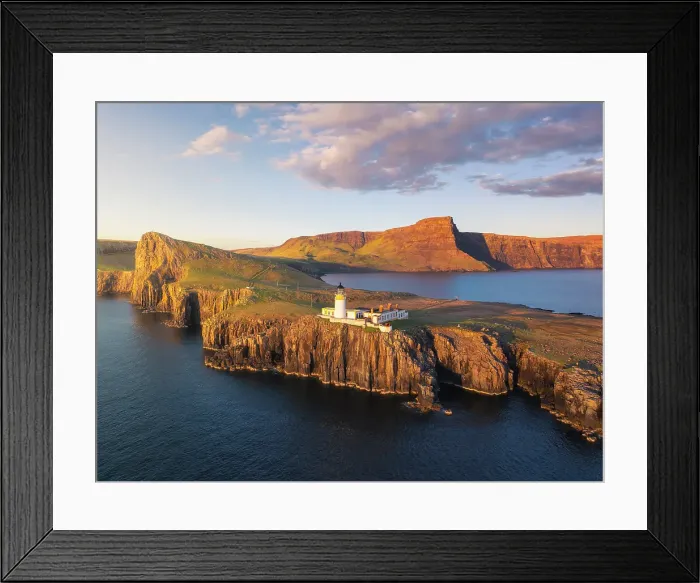 Framed Print : Aerial view during sunset at Neist Point lighthouse, Isle of Skye, Inner Hebrides, Highlands, Scotland, United Kingdom Framed Print : Aerial view during sunset at Neist Point lighthouse, Isle of Skye, Inner Hebrides, Highlands, Scotland, United Kingdom
