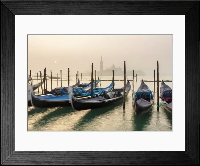 Framed Print : Goldolas on the misty lagoon at sunrise, with San Giorgio Maggiore in the background, San Marco, Venice, Italy Framed Print : Goldolas on the misty lagoon at sunrise, with San Giorgio Maggiore in the background, San Marco, Venice, Italy