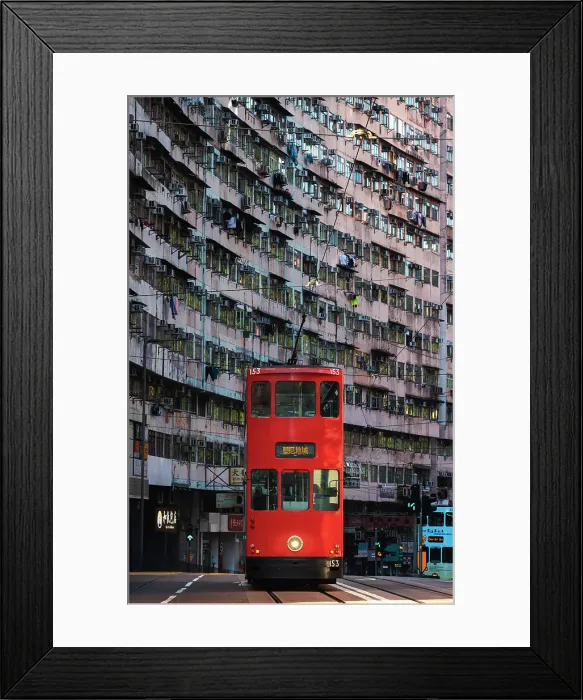 Framed Print : Red Tram in front of Monster Buildings, Quarry Bay. Hong Kong, China, Asia