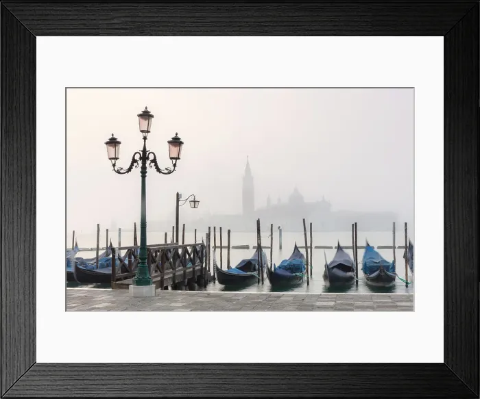 Framed Print : Goldolas on the lagoon on a misty dawn, with San Giorgio Maggiore in the background, San Marco, Venice, Italy Framed Print : Goldolas on the lagoon on a misty dawn, with San Giorgio Maggiore in the background, San Marco, Venice, Italy