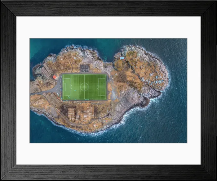 Framed Print : Aerial view of the Henningsvaer stadium on the island of Hellandsoya, Lofoten Islands, Nordland, Norway Framed Print : Aerial view of the Henningsvaer stadium on the island of Hellandsoya, Lofoten Islands, Nordland, Norway