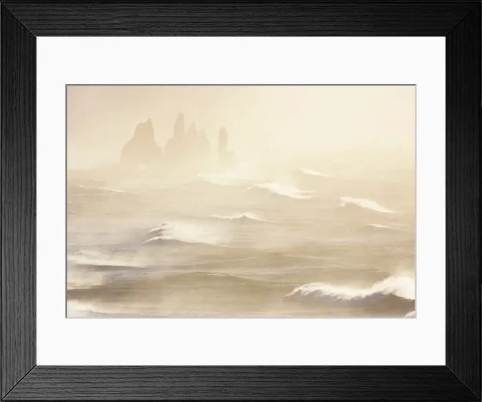 Framed Print : Sea stacks near Reynisfjara beach during sunrise in winter from Dyrholaey. Vik I Myrdal, southern Iceland, Iceland