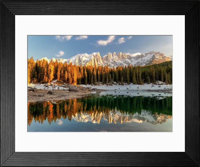 Framed Print : Carezza lake with fir forests and the Latemar ridge in the background - Dolomites, South Tyrol, Bolzano province, Trentino Alto Adige, Italy
