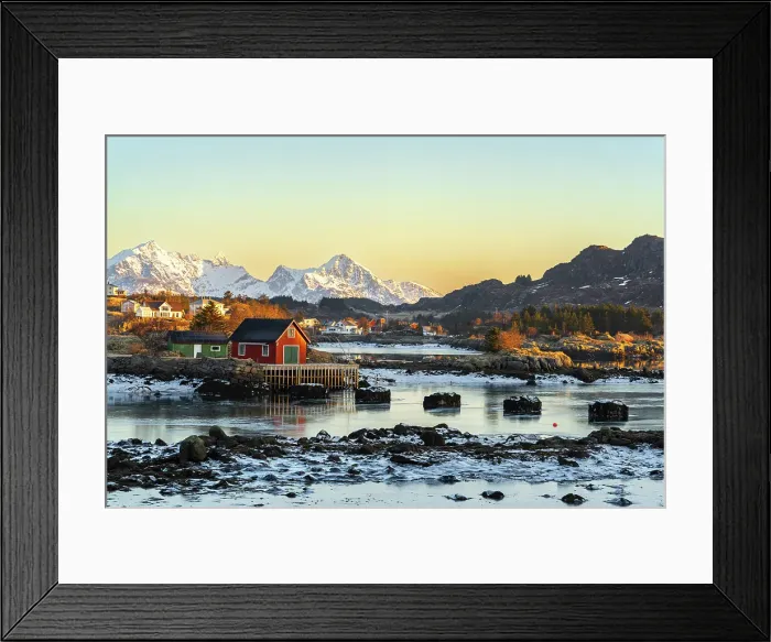 Framed Print : Sunrise on wooden and colorful houses by the frozen fjord surrounded by snow-capped mountains, Ballstad, Vestvagoy, Lofoten Islands, Nordland, Norway, Scandinavia, Europe Framed Print : Sunrise on wooden and colorful houses by the frozen fjord surrounded by snow-capped mountains, Ballstad, Vestvagoy, Lofoten Islands, Nordland, Norway, Scandinavia, Europe