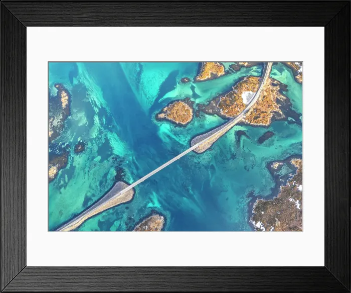 Framed Print : Overhead aerial view of Fredvang bridge crossing emerald waters of the fjord, Lofoten Islands, Norway, Scandinavia, Europe Framed Print : Overhead aerial view of Fredvang bridge crossing emerald waters of the fjord, Lofoten Islands, Norway, Scandinavia, Europe
