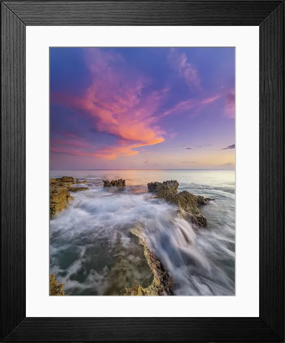 Framed Print : Sunset on the Caribbean Sea along Grand Cayman's ironshore. Cayman Islands, British West Indies