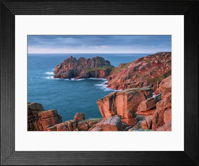 Framed Print : First light on Treryn Dinas and Logan Rock headland on the Cornish coast near Treen, Cornwall, England. Winter (January) 2025 Framed Print : First light on Treryn Dinas and Logan Rock headland on the Cornish coast near Treen, Cornwall, England. Winter (January) 2025