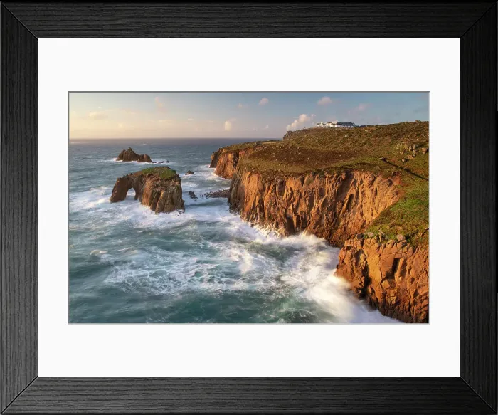 Framed Print : Enys Dodnan Arch and The Armed Knight, Land's End, Cornwall, England Framed Print : Enys Dodnan Arch and The Armed Knight, Land's End, Cornwall, England