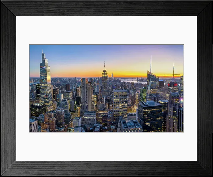 Framed Print : Manhattan Skyline View with the Empire State Building illuminated at sunset Manhattan, New York City, USA Framed Print : Manhattan Skyline View with the Empire State Building illuminated at sunset Manhattan, New York City, USA