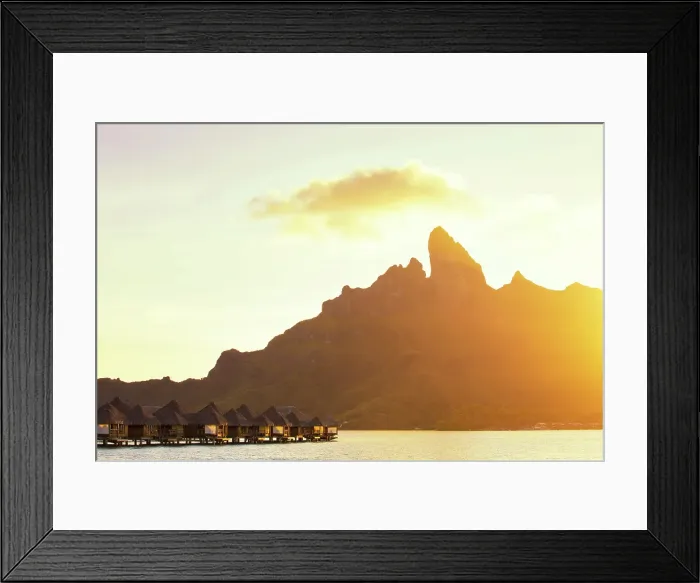 Framed Print : Sunset, Mount Otemanu and stiled hotel suites, Bora Bora, Society Islands, Pacific Ocean, French Polynesia Framed Print : Sunset, Mount Otemanu and stiled hotel suites, Bora Bora, Society Islands, Pacific Ocean, French Polynesia