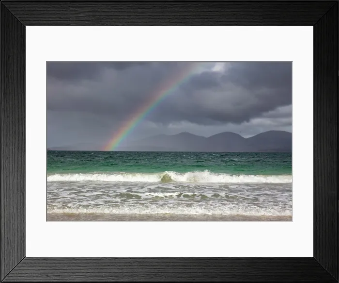 Framed Print : South Harris hills and rainbow from Traigh Rosamol, Luskentyre, Isle of Harris, Outer Hebrides, Scotland