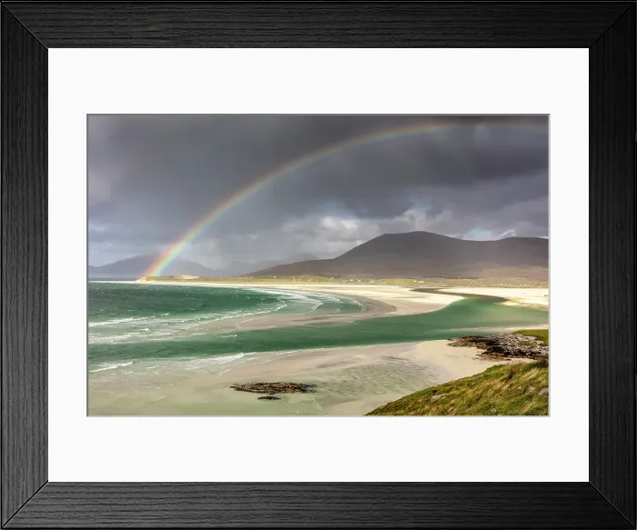 Framed Print : Rainbow over Seilebost Beach with Luskentyre and South Harris Hills beyond, Isle of Harris, Outer Hebrides, Scotland Framed Print : Rainbow over Seilebost Beach with Luskentyre and South Harris Hills beyond, Isle of Harris, Outer Hebrides, Scotland