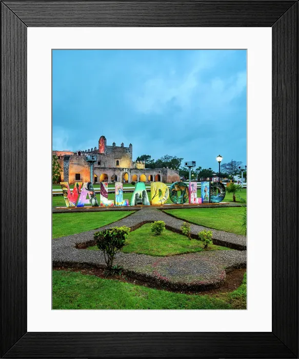 Framed Print : Valladolid Letters and Convent of San Bernardino de Siena at dusk, Sisal Park, Valladolid, Yucatan State, Mexico Framed Print : Valladolid Letters and Convent of San Bernardino de Siena at dusk, Sisal Park, Valladolid, Yucatan State, Mexico