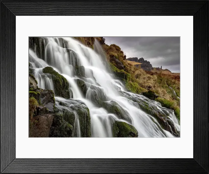 Framed Print : Bride's Veil Falls, with Old Man of Storr in the distance, Isle of Skye, Inner Hebrides, Scotland Framed Print : Bride's Veil Falls, with Old Man of Storr in the distance, Isle of Skye, Inner Hebrides, Scotland