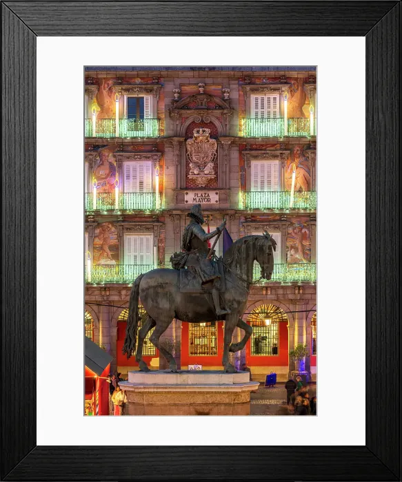 Framed Print : Equestrian statue of Philip III King of Spain with christmas lights behind, Plaza Mayor, Madrid, Spain Framed Print : Equestrian statue of Philip III King of Spain with christmas lights behind, Plaza Mayor, Madrid, Spain