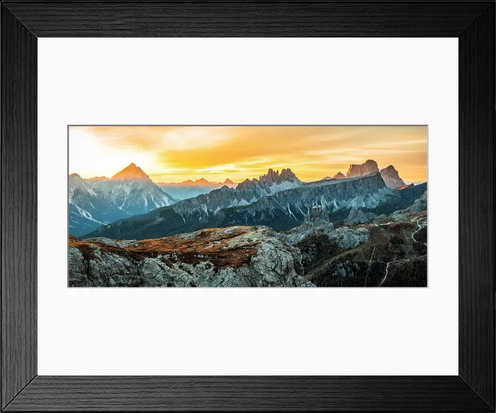 Framed Print : Aerial view of Cinque Torri, Antelao, Cima Ambrizzola, Lastoi De Formin and Monte Pelmo peaks at dawn, Dolomites, Veneto, Italy Framed Print : Aerial view of Cinque Torri, Antelao, Cima Ambrizzola, Lastoi De Formin and Monte Pelmo peaks at dawn, Dolomites, Veneto, Italy