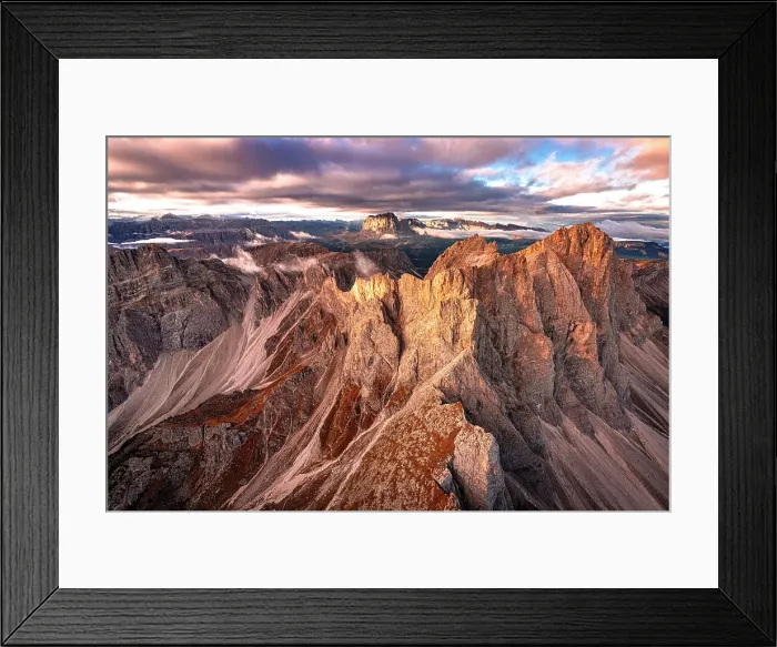 Framed Print : Scenic sunrise over the majestic rock pinnacles of Furchetta and Sass Rigais mountains, Puez Odle Natural Park, Dolomites, Italy Framed Print : Scenic sunrise over the majestic rock pinnacles of Furchetta and Sass Rigais mountains, Puez Odle Natural Park, Dolomites, Italy