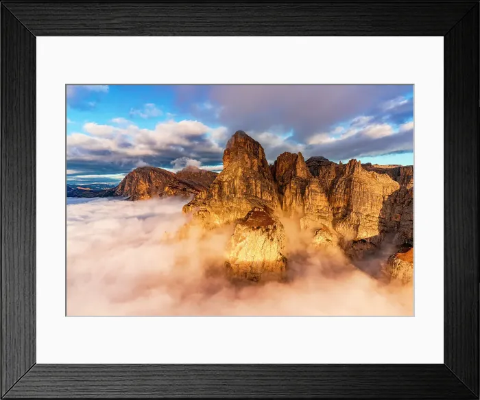 Framed Print : Majestic peaks of Sassongher and Sass Da Ciampac (Puez Odle) emerging from fog at dawn in autumn, aerial view, Dolomites, Italy Framed Print : Majestic peaks of Sassongher and Sass Da Ciampac (Puez Odle) emerging from fog at dawn in autumn, aerial view, Dolomites, Italy