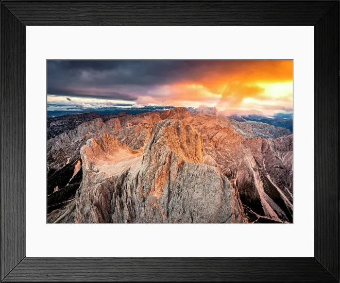 Framed Print : Fiery sky at dawn over Rifugio Passo Santner hut, Cima Catinaccio and Catinaccio d'Antermoia, aerial view, Dolomites, Italy Framed Print : Fiery sky at dawn over Rifugio Passo Santner hut, Cima Catinaccio and Catinaccio d'Antermoia, aerial view, Dolomites, Italy