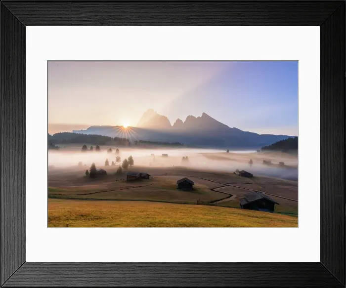 Framed Print : Sassolungo and Sassopiatto lit by sun rays in the foggy autumn landscape of Seiser Alm, Dolomites, South Tyrol, Italy Framed Print : Sassolungo and Sassopiatto lit by sun rays in the foggy autumn landscape of Seiser Alm, Dolomites, South Tyrol, Italy