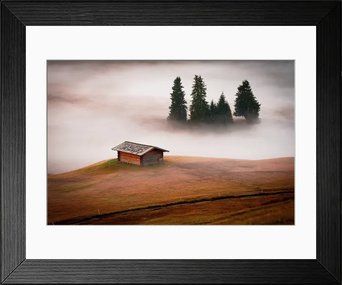 Framed Print : Lone mountain hut and sparse trees covered by fog at fall, Seiser Alm, Dolomites, South Tyrol, Italy Framed Print : Lone mountain hut and sparse trees covered by fog at fall, Seiser Alm, Dolomites, South Tyrol, Italy