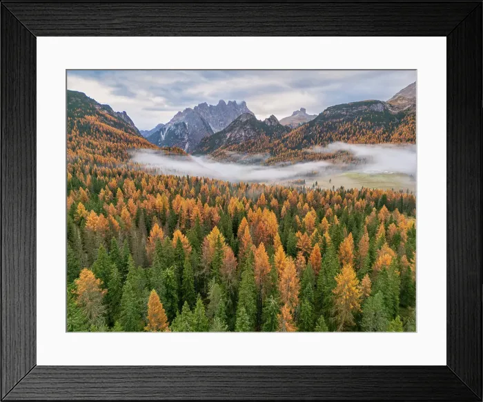 Framed Print : Autumn Mist below Mt. Cristallo, Dolomites, South Tyrol, Bolzano, Italy
