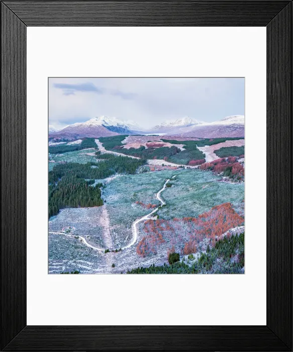 Framed Print : Aerial view over snow covered forests in Glen Garry next to Loch Garry, Highland region, Scotland, United Kingdom Framed Print : Aerial view over snow covered forests in Glen Garry next to Loch Garry, Highland region, Scotland, United Kingdom