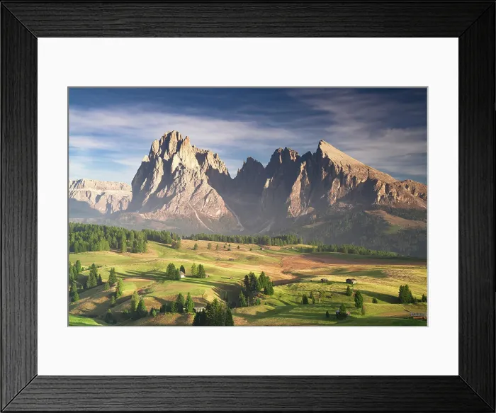 Framed Print : Mist of autumn over Sassolungo and Sassopiatto and meadows of Seiser Alm plateau, Dolomites, South Tyrol, Italy Framed Print : Mist of autumn over Sassolungo and Sassopiatto and meadows of Seiser Alm plateau, Dolomites, South Tyrol, Italy