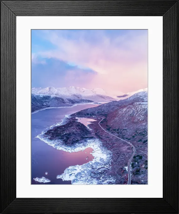 Framed Print : Aerial view over Loch Cuaich along the north coast 500 driving route, A87 between Fort William and the Isle of Skye. Sutherland, Highlands, Scotland, United Kingdom Framed Print : Aerial view over Loch Cuaich along the north coast 500 driving route, A87 between Fort William and the Isle of Skye. Sutherland, Highlands, Scotland, United Kingdom