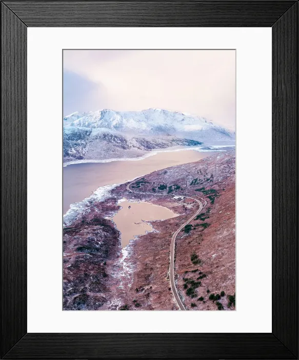 Framed Print : Aerial view over Loch Cuaich along the north coast 500 driving route, A87 between Fort William and the Isle of Skye. Sutherland, Highlands, Scotland, United Kingdom