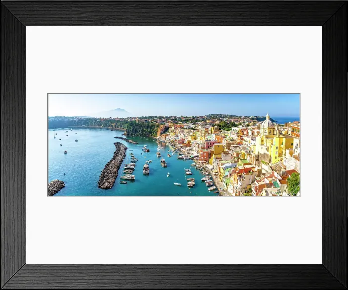 Framed Print : Panoramic of La Corricella fishing village and old harbor, Procida island, Gulf of Naples, Campania, Italy Framed Print : Panoramic of La Corricella fishing village and old harbor, Procida island, Gulf of Naples, Campania, Italy
