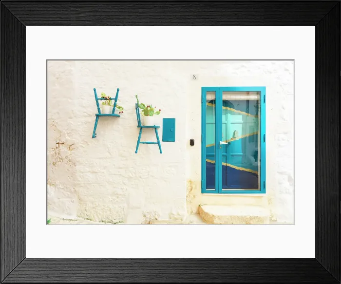 Framed Print : Blue Chairs and prickly pears, Ostuni, Puglia, Italy